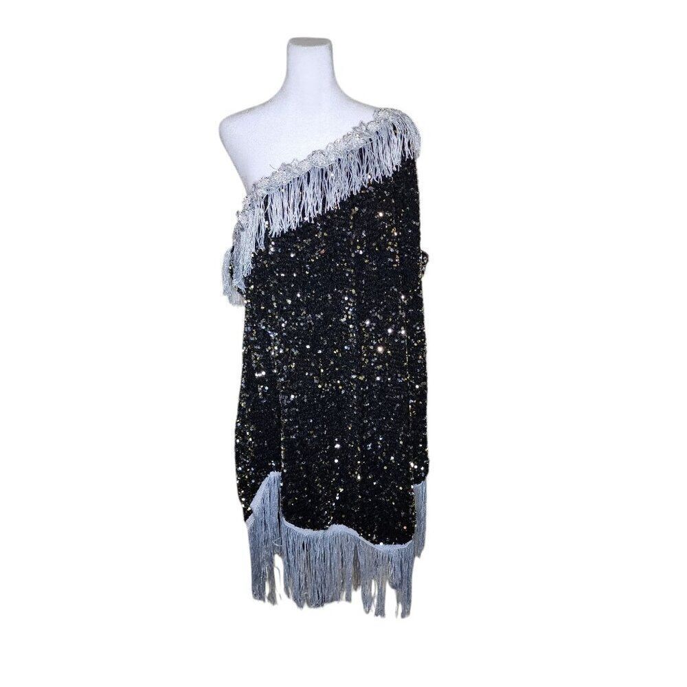 Retro 1920s Sequined One Shoulder Fringe Flapper Dress Womens Size 4XL Black Gat